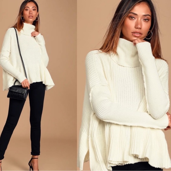 FREE PEOPLE Layer Cake White Turtleneck Ruffle Sweater...